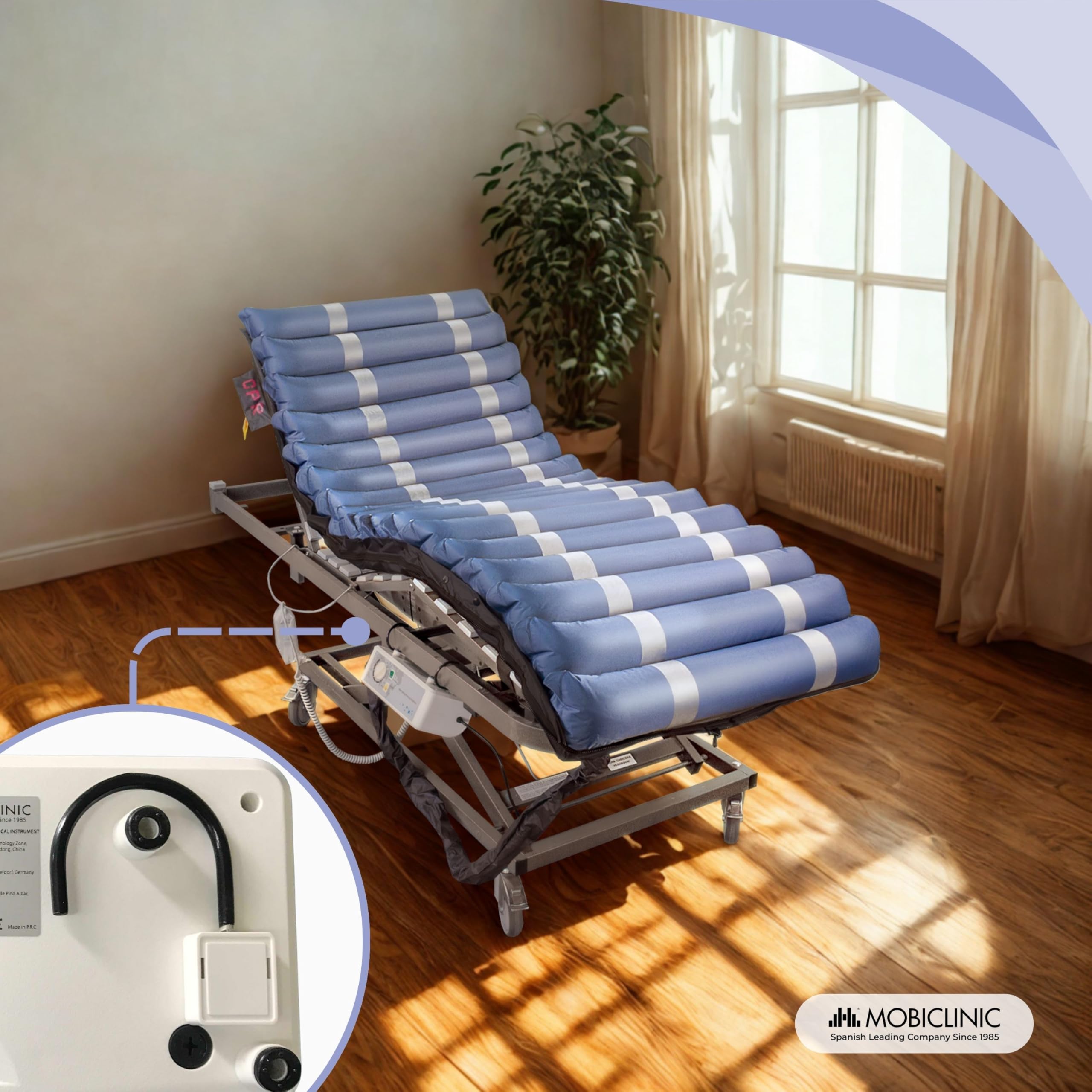 Mobiclinic® Pro, Colchón antiescaras de Aire alternante, 200x105 x12, 8cm, Compresor silencioso, Mobi 3 Plus, Único 105 cm Ancho, 17 Celdas, para escaras Grado i, II y III, Azul