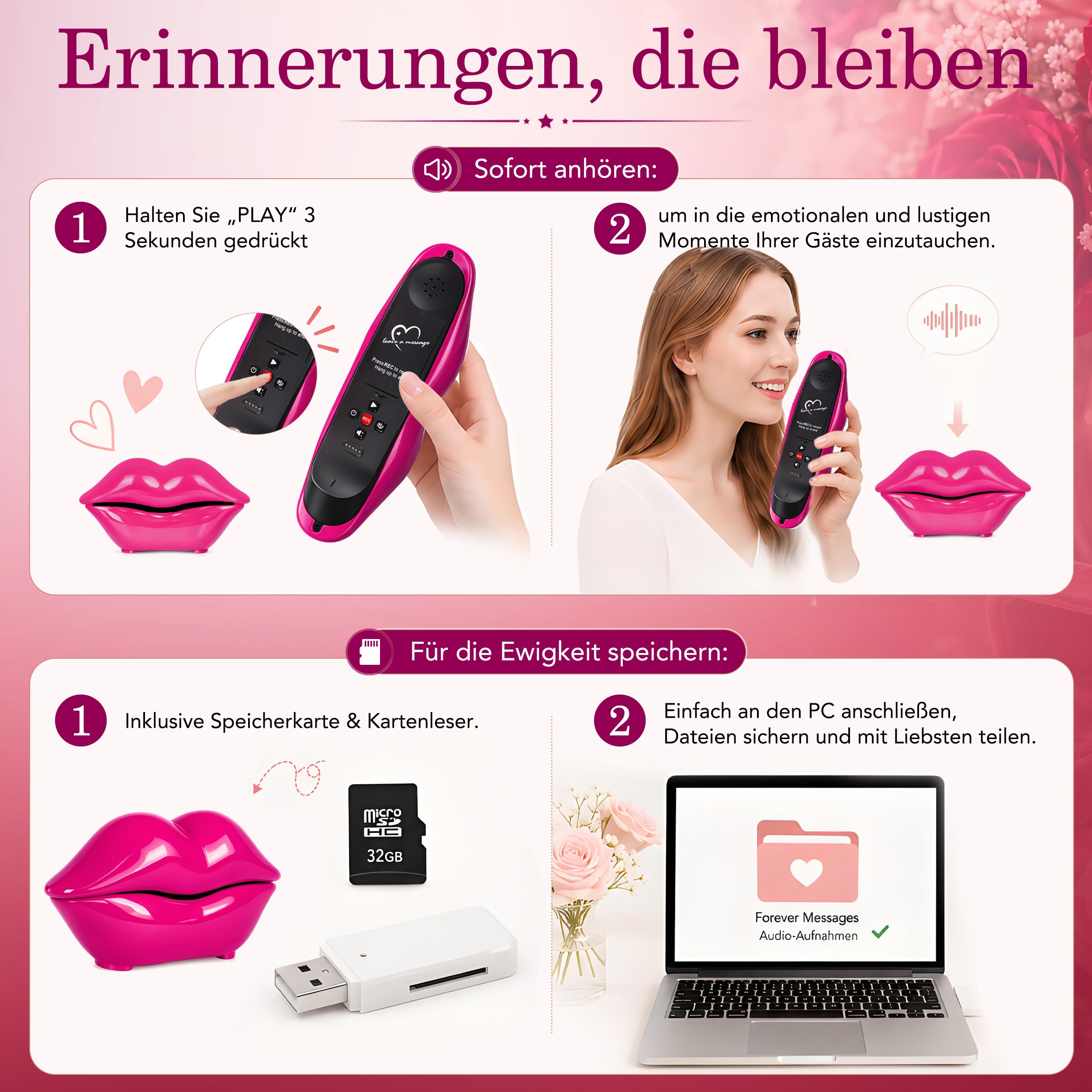 RDYMONKEY Audio-Gästebuch Hochzeit, Retro-Telefon für persönliche Sprachnachrichten, kreative Gästebuch-Alternative für Hochzeit, Party & Geburtstag, 8 GB Speicher (Rosenrot)