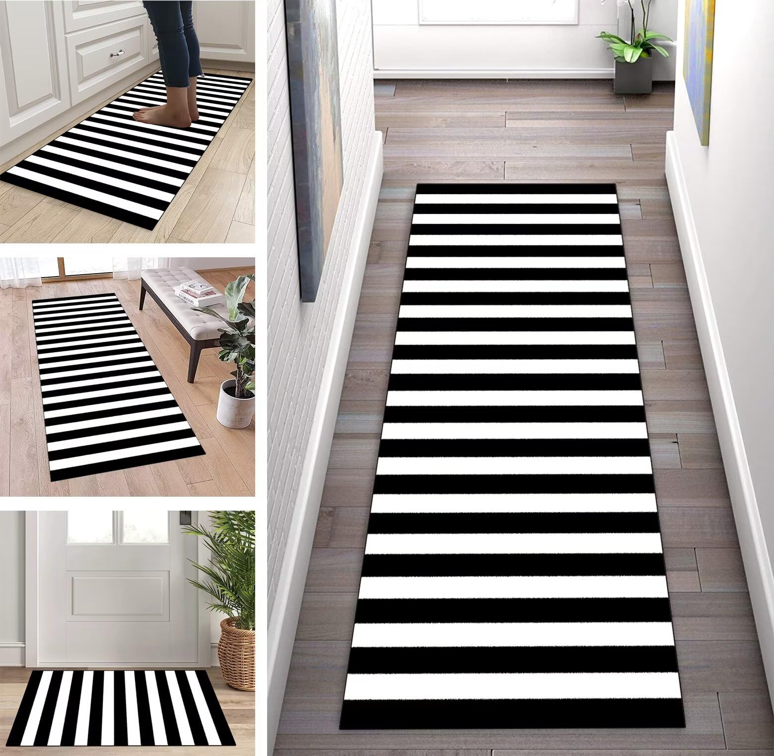 Läufer Teppich Flur Küche Schwarz Weiß rutschfest 50x350cm Küchenläufer Teppichmatten Waschbar Korridor Teppichläufer Küchenteppich Schlafzimmer Esszimmer Polyester Meterware Anpassbar