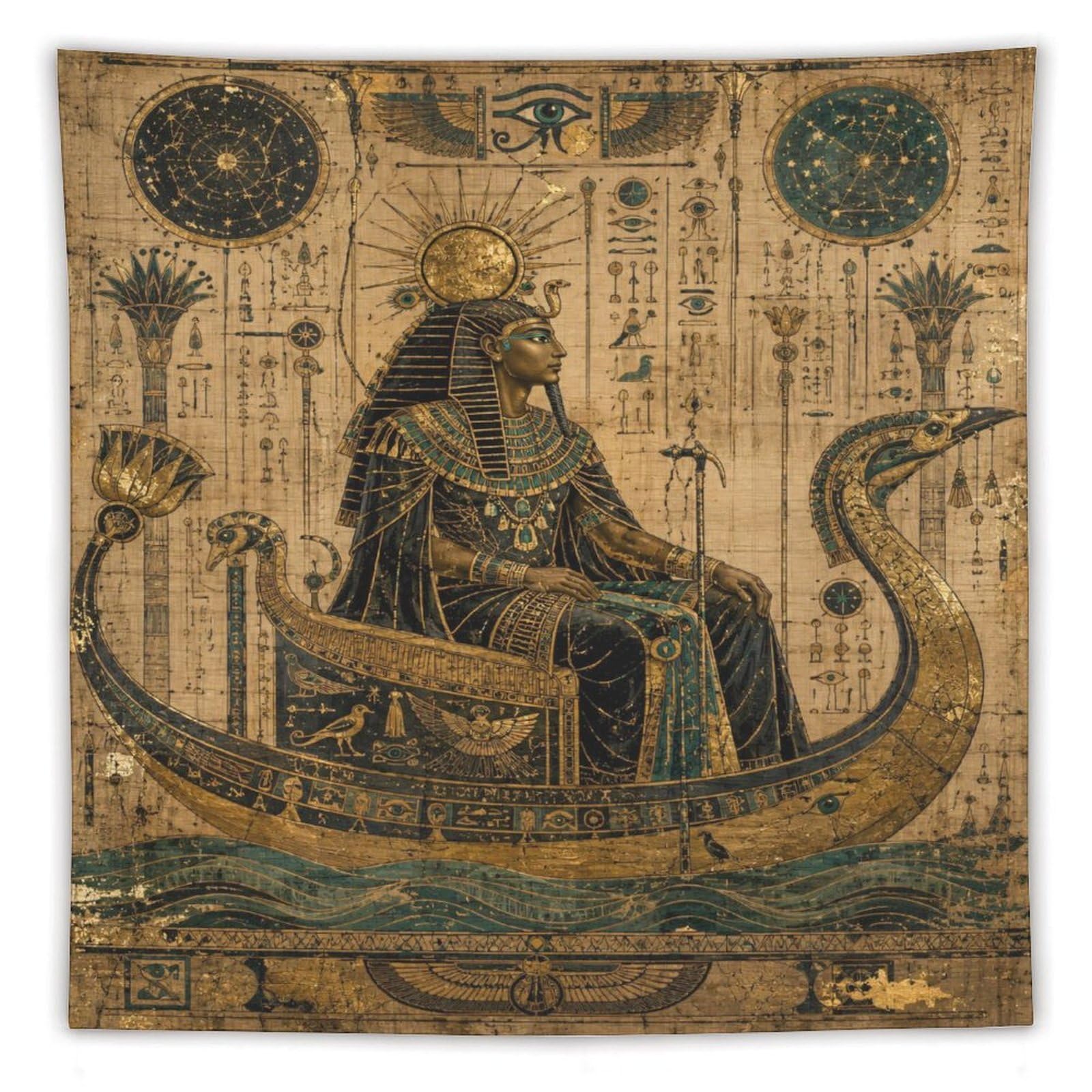W7C8U2X3 Egyptian Pharaoh Boat Wall Tapestry, Symbolist Art, Papyrus Sun