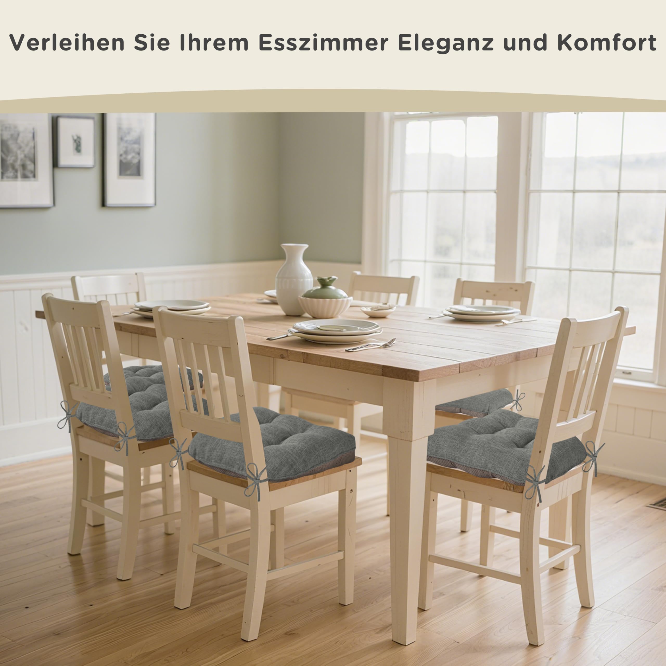 AddGrace Sitzkissen für Esszimmerstühle 4er-Pack 46x44x8cm Hellgrau | mit rutschfester Unterseite und Bändern, geeignet für die meisten Esszimmer- und Küchenstühle, strukturierter Stoff, bequem