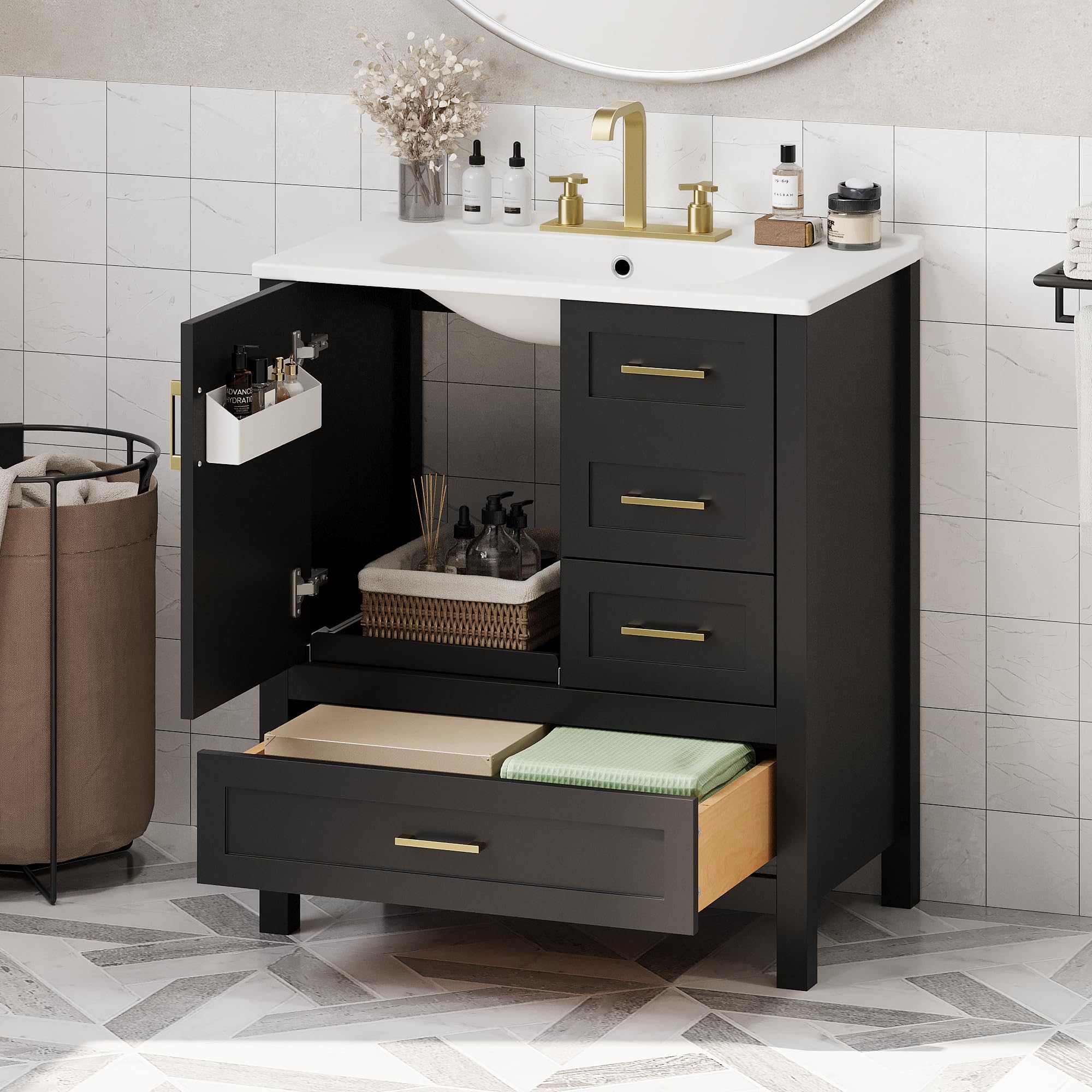 HiHomely 30 Inches Black Bathroom Vanity with Sink Combo Set, Solid Wood Frame, 3 Drawers & Soft-Close Door, Removable Tray – Modern Storage Cabinet for Bathrooms (3 Drawers + 1 Doors)