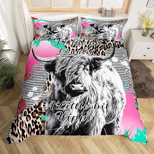 Erosebridal - Juego de ropa de cama para niñosjóvenes, funda de edredón estampado de leopardovaca de las alturas hippie de granjavida salvaje, del
