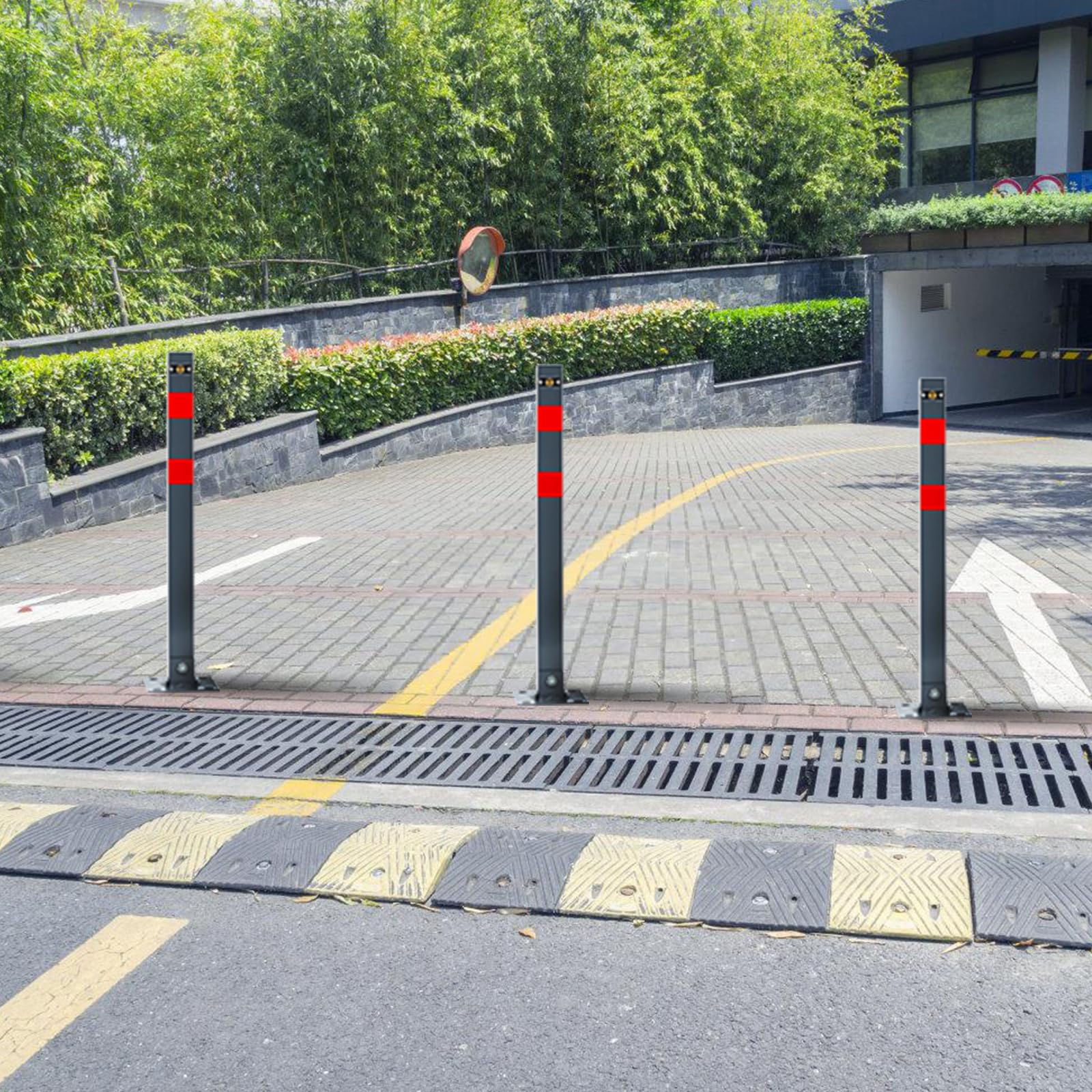 Barrière de parking pliable, poteau de barrière manuel avec 12 clés et 16 vis d'expansion, poteau de blocage en acier avec bandes réfléchissantes