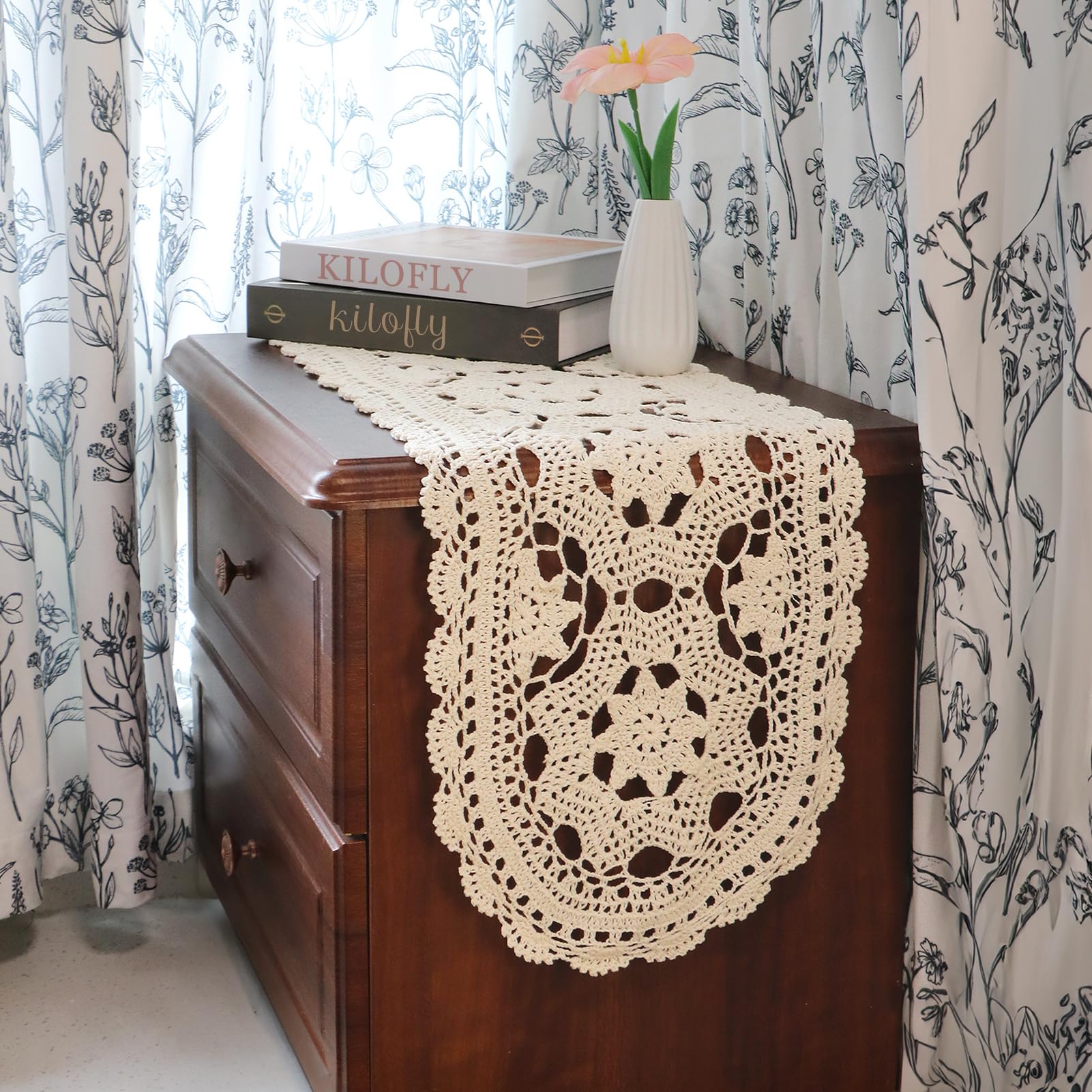 kilofly Handmade Crochet Cotton Table Runner Tablecloth, 12 x 35 inch, Beige