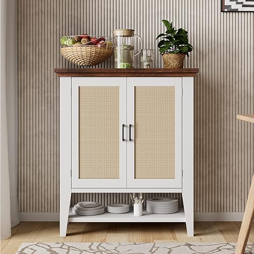 Gabinete de buffet de ratán, aparador de cocina, armario de almacenamiento con 2 puertas de ratán y estante ajustable, armario de madera con estante