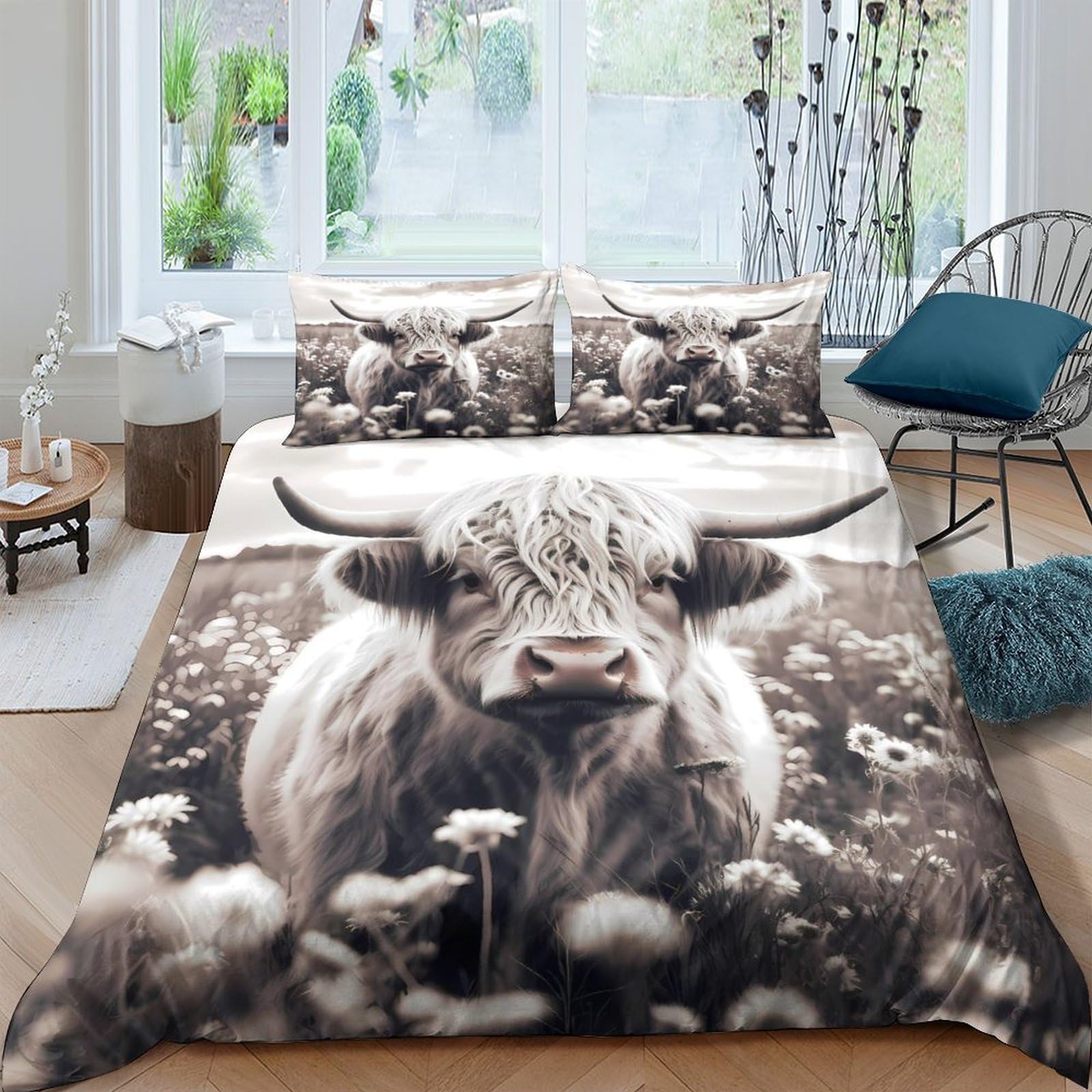 Ctjqhvkz Style-9 3D Printed Highland Cow Fitted Sheet Microfiber Bedroom Decor Wild Meadow Mattress Cover For Adult Teen Bed Protection Single（135X200cm）