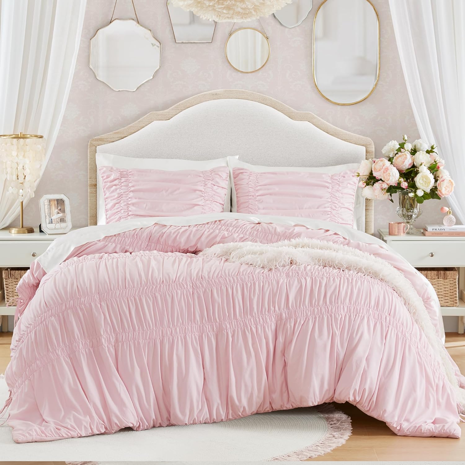 Intelligent Design Queen Comforter Set Ruched Shabby Chic Comforters for Queen Size Bed, All Season Lightweight Comforter Queen, French Country Bedding Set, Shams, Ella, Full/Queen, Pink 3 Piece