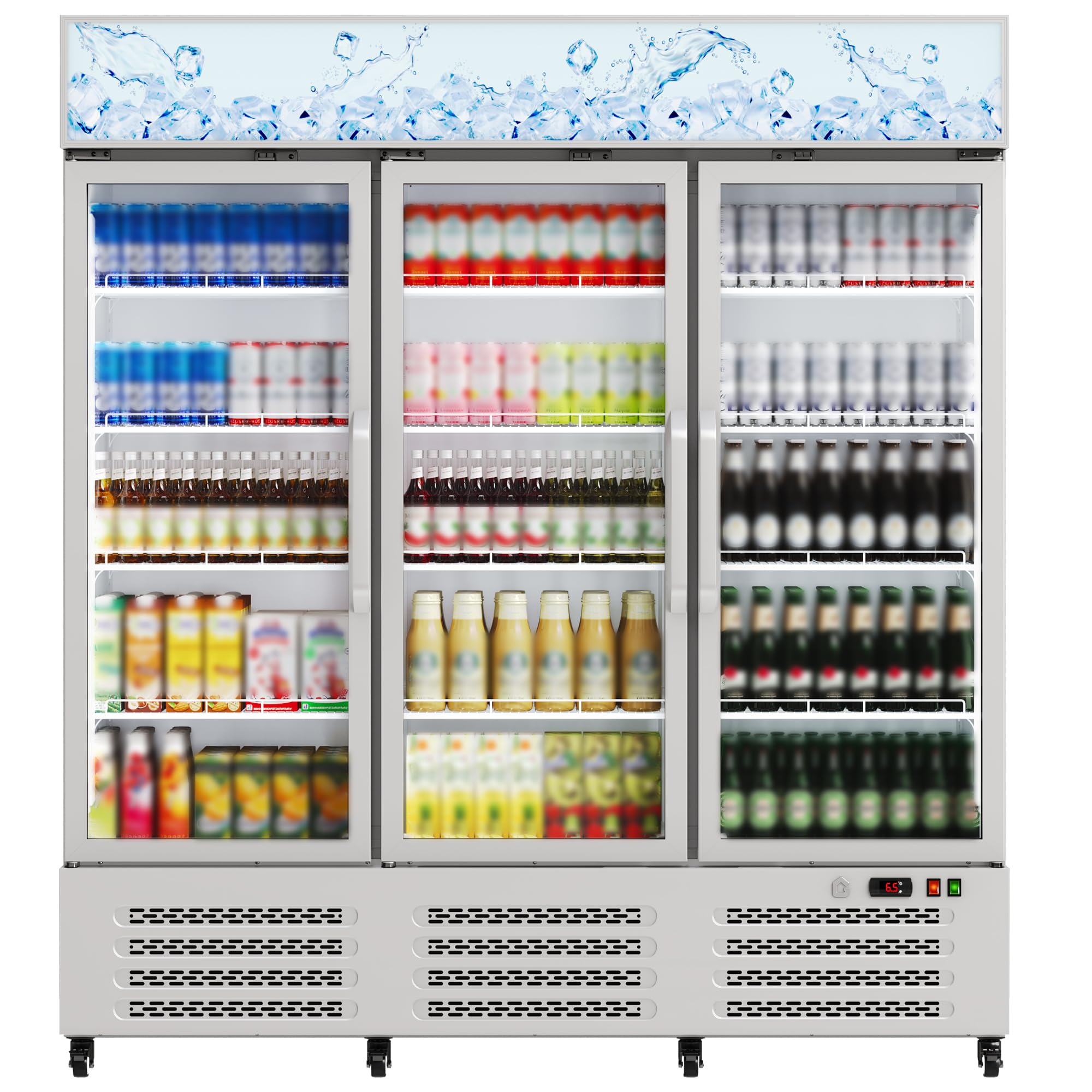 290 Gallon Three-Door Display Beverage Refrigerator With Lightbox, Metal Sheet Commercial Refrigerator With Adjustable Shelves, Locking Casters For Restaurants, Bars, And Retail Stores, White on Fridge.com - View 1