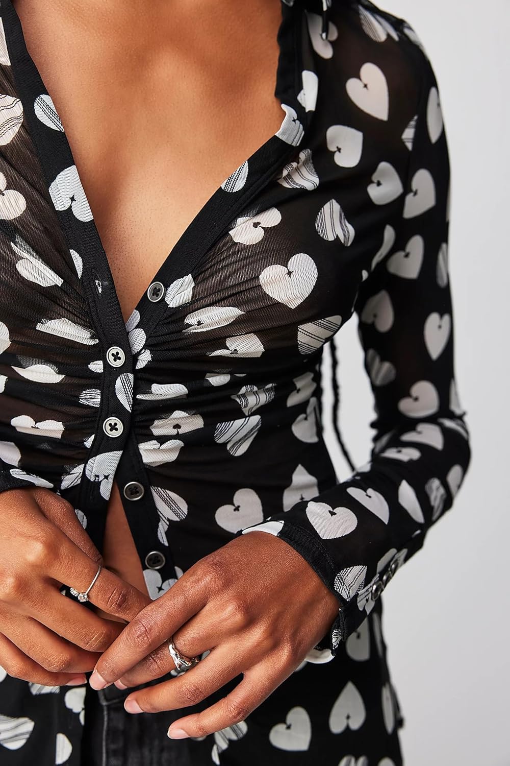 Women Button Down Shirt Y2K Boho Floral Mesh Long Sleeve Blouse Sheer Ruched Collar Top Vintage Aesthetic Streetwear - Image 4