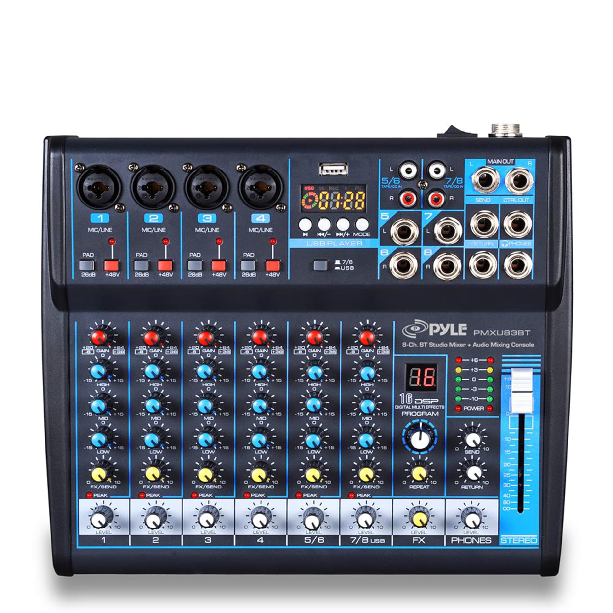 Pyle Professional Audio Mixer Sound Board Console Desk System- Interface 8 Channel Digital USB Bluetooth MP3 Computer Input 48V Phantom Power Stereo DJ Studio FX 16Bit DSP Processor, Black - PMXU83BT