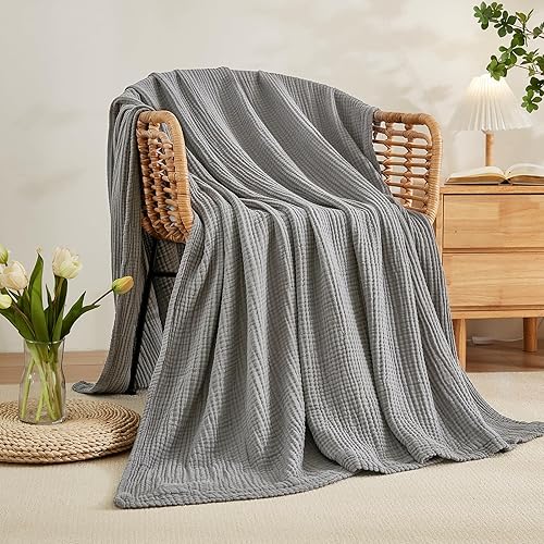 EMME Cotton Blanket Twin XL for Bed Soft Muslin Blankets 66"x90" Lightweight Breathable Layering Bedspread Coverlet All Season Gauze, Grey - Twin XL - 06 - Grey