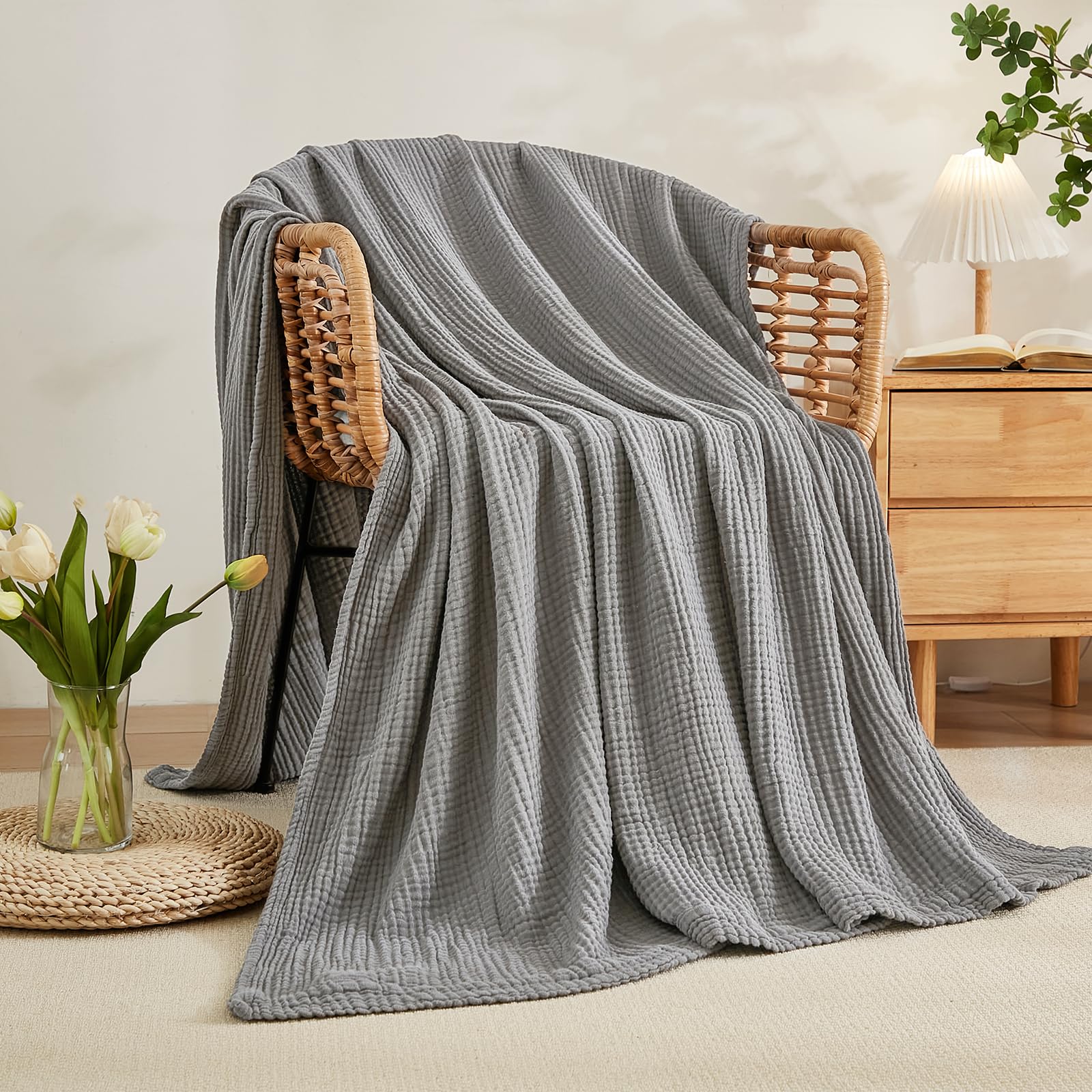EMME Musselin-Decke Erwachsene, 100% Baumwolle, 167 x 228 cm Grau Sommer-Überwurf Decken für Couch, atmungsaktive Gaze-Decke alle Jahreszeiten, weich und leicht vorgewaschene Baumwolldecke