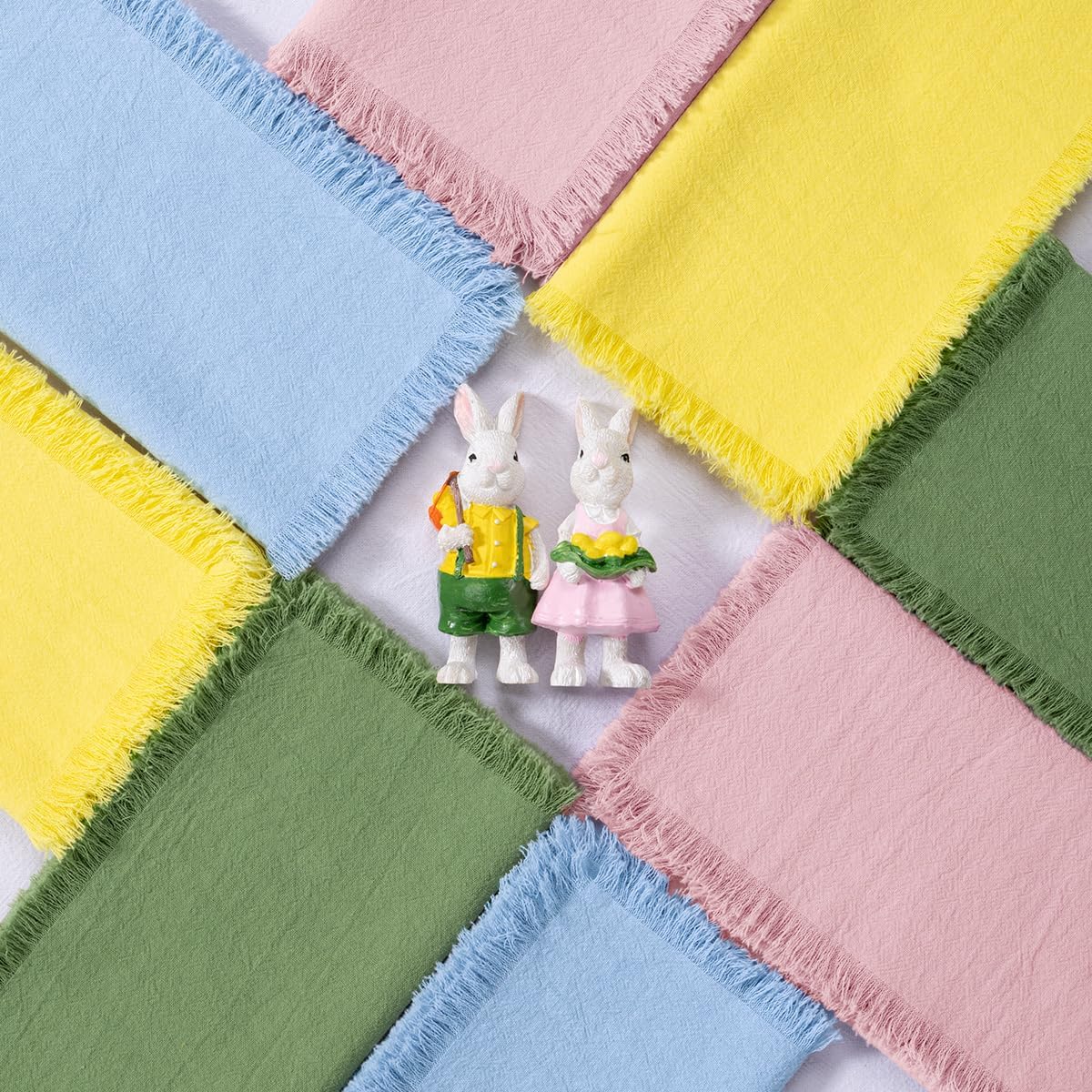 DeZerlor 12 Pack Easter Color Cotton Linen Napkins with Fringe Easter Summer Cloth Napkins Set of 12 Boho Handmade Dinner Napkins Bulk for Wedding Bridal Baby Boy Shower Parties, 17 x 17
