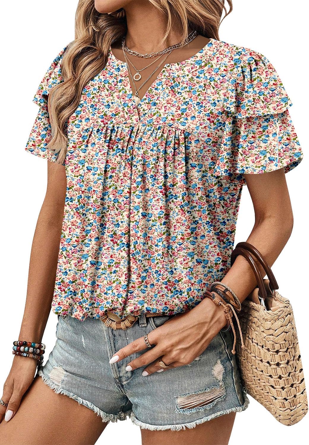 BETTE BOUTIK Womens Crewneck Short Sleeve Summer Tops Pleated Tunic Shirts S-3XL - Image 4