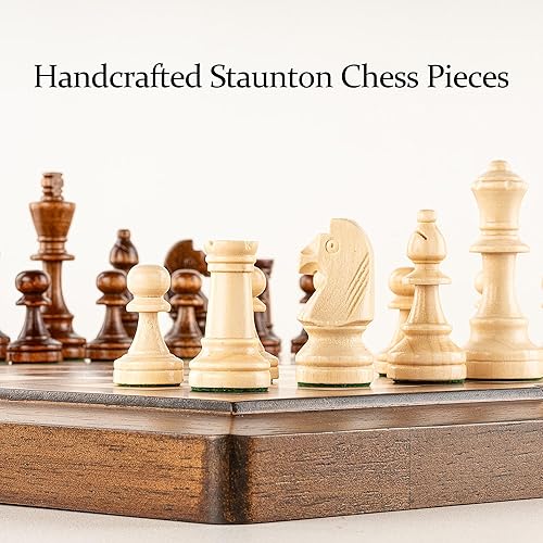 Miniatura 4 de Juego de ajedrez 3 en 1 de madera maciza de lujo de 15.5 pulgadas ajedrez portátil, backgammon y damas con caja de mango hueco, tablero plegable