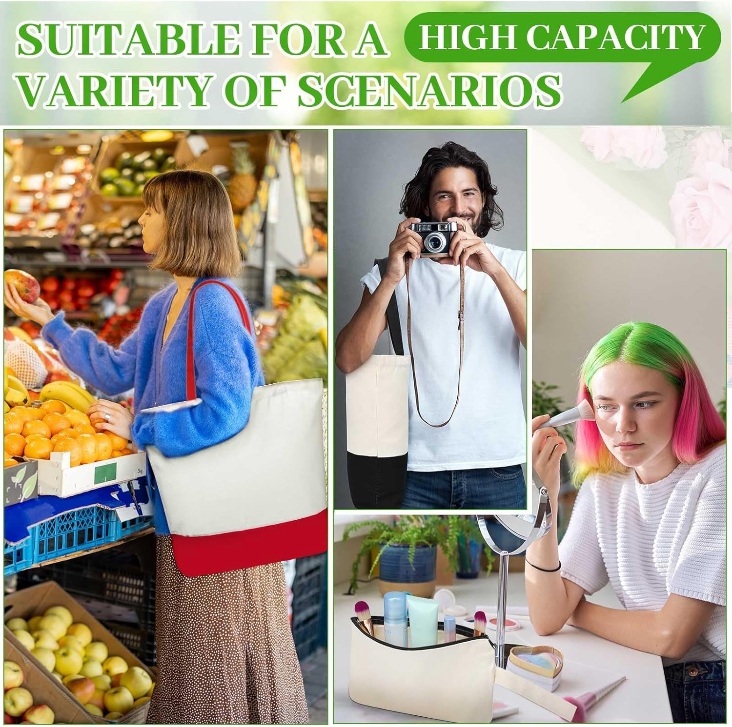 Sanwuta 24 Pcs Canvas Tote Bags Bulk with Zipper Cosmetic Bags 18.5" Cotton Canvas Bag with Handles Reusable Shopping Bags