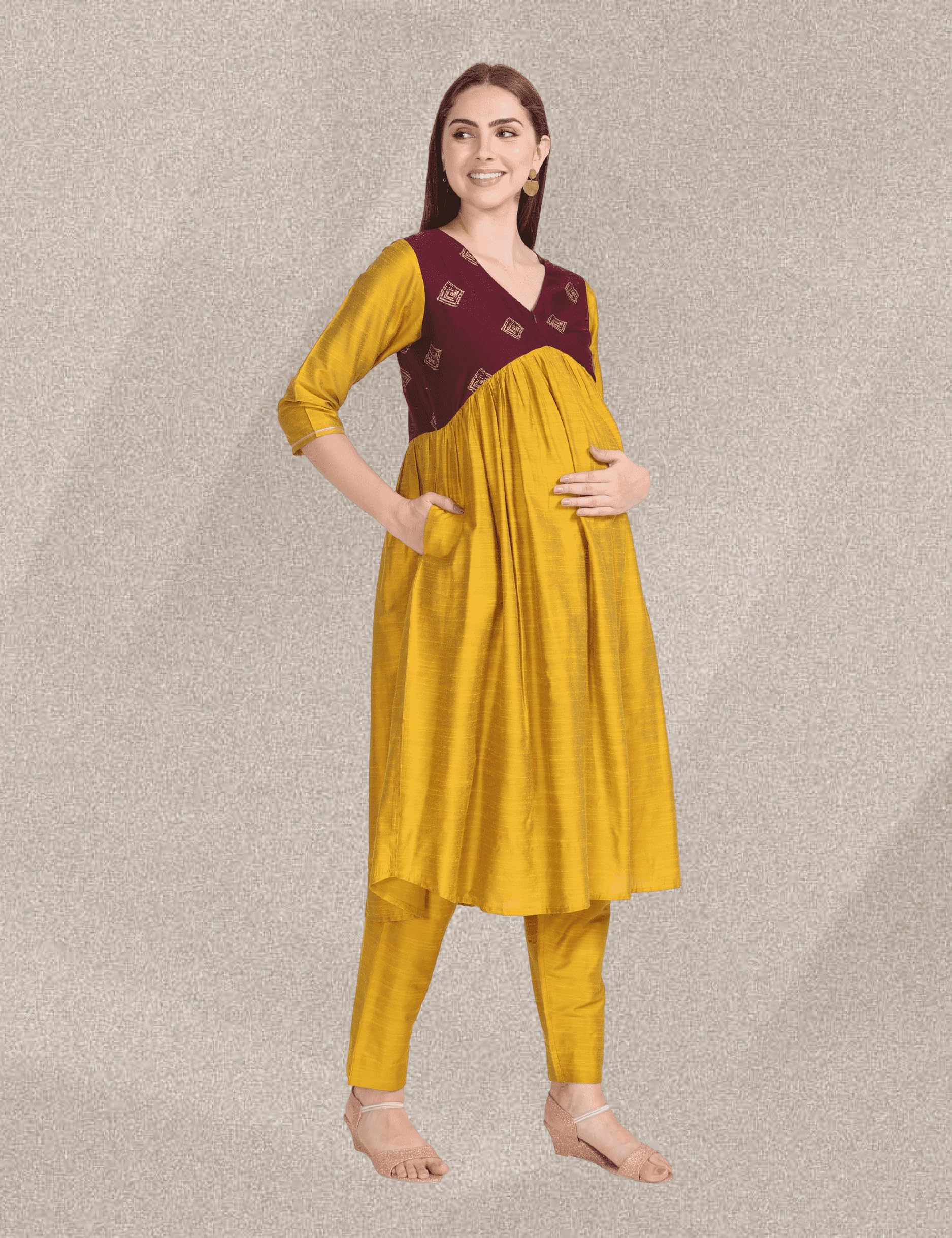 Pavisa Womens Alia Cut Cotton Silk Gold Foil Prints Yellow and Green Maternity Salwar Suit with Deep Two Side Pockets (XXX-Large, Yellow and Wine) - Image 5 thumbnail
