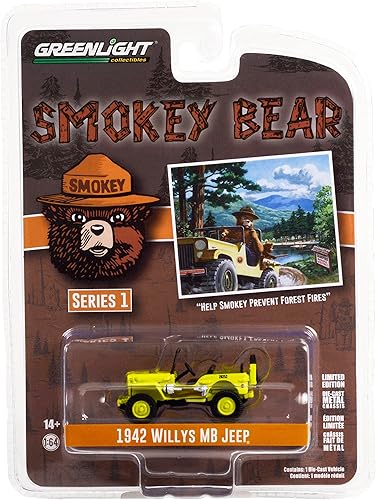Toy Cars 1942 Willys MB Bright Green Help Smokey Prevent Forest Fire Smokey Bear Series 1 164 Modelo de automóvil fundido a presión por Greenlight