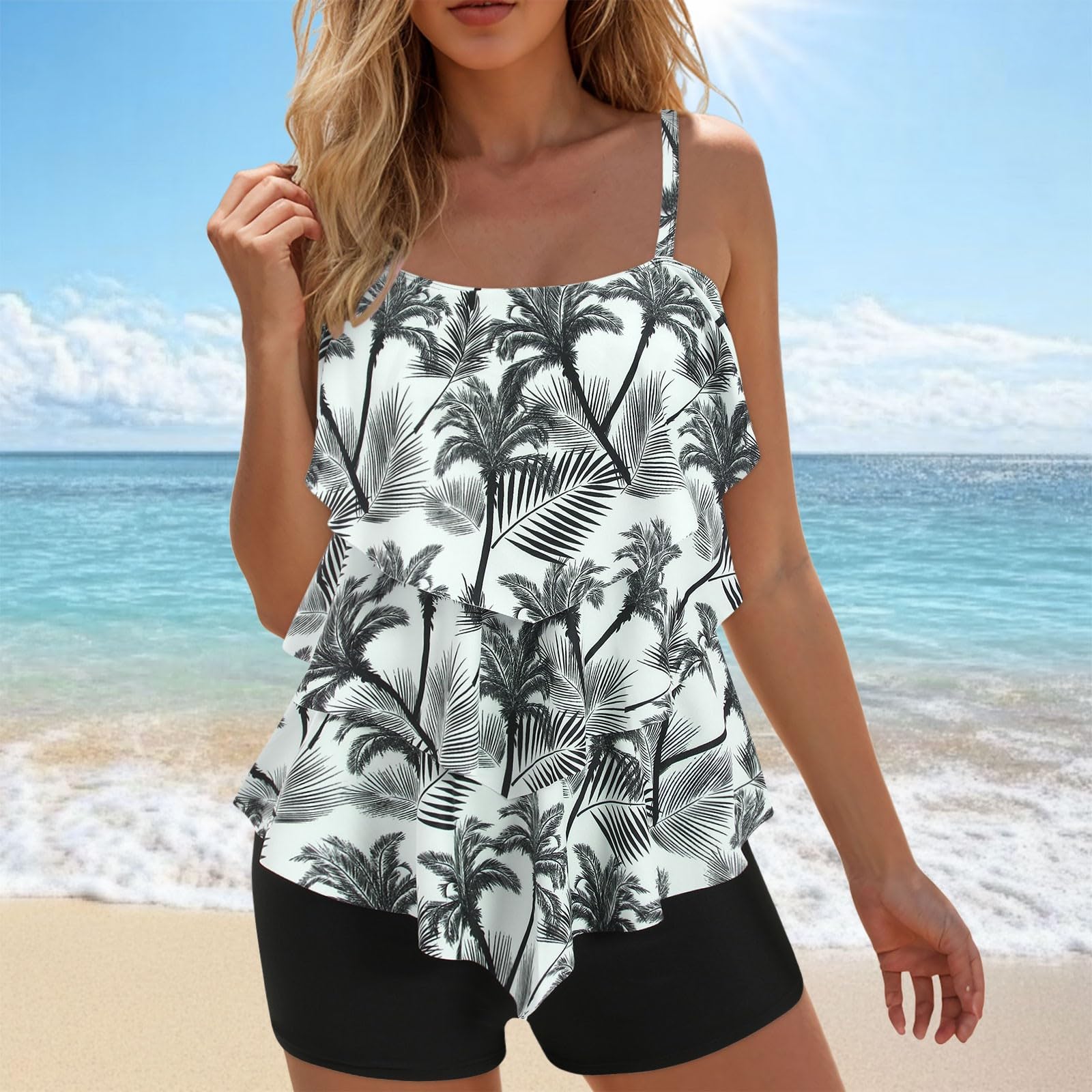 Bañadores Mujer 2 Piezas Tankini Conjunto Bikini Top y Bottom Tirantes Control Barriga Cintura Alta Cuello V Push Up