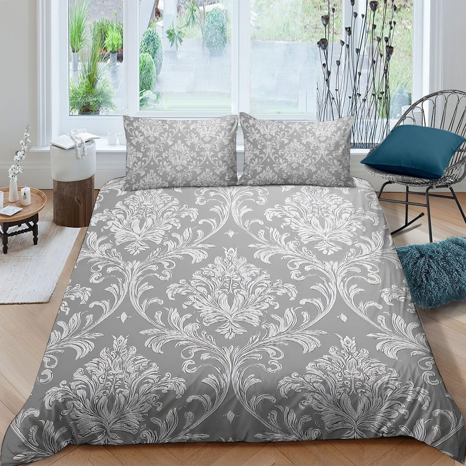 Ctjqhvkz Style-3 3D Printed Grey Baroque Fitted Sheet Microfiber Soft Damask Pattern Mattress Cover For Bedroom Home Decor Single（135X200cm）