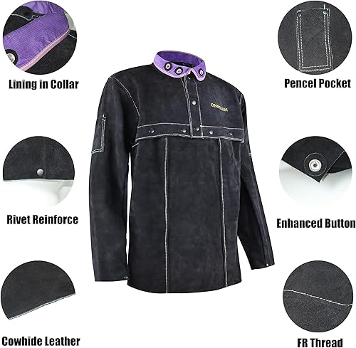 Miniatura 2 de ONETIAN Chaqueta de soldadura de piel de vaca, abrigo de manga capa, negro botones a presión mejorados, protección resistente de soldadura