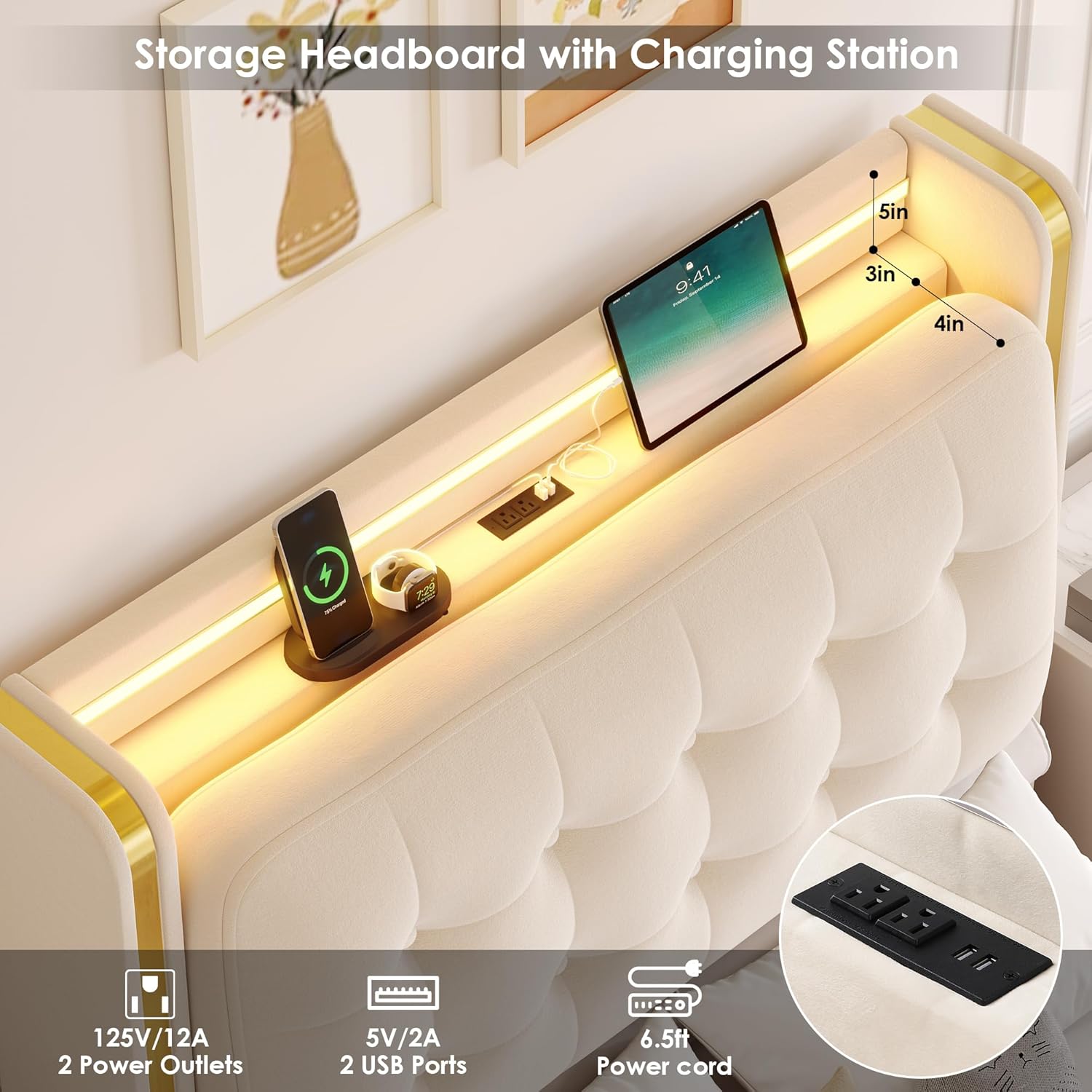 Close-up of headboard with charging station and storage