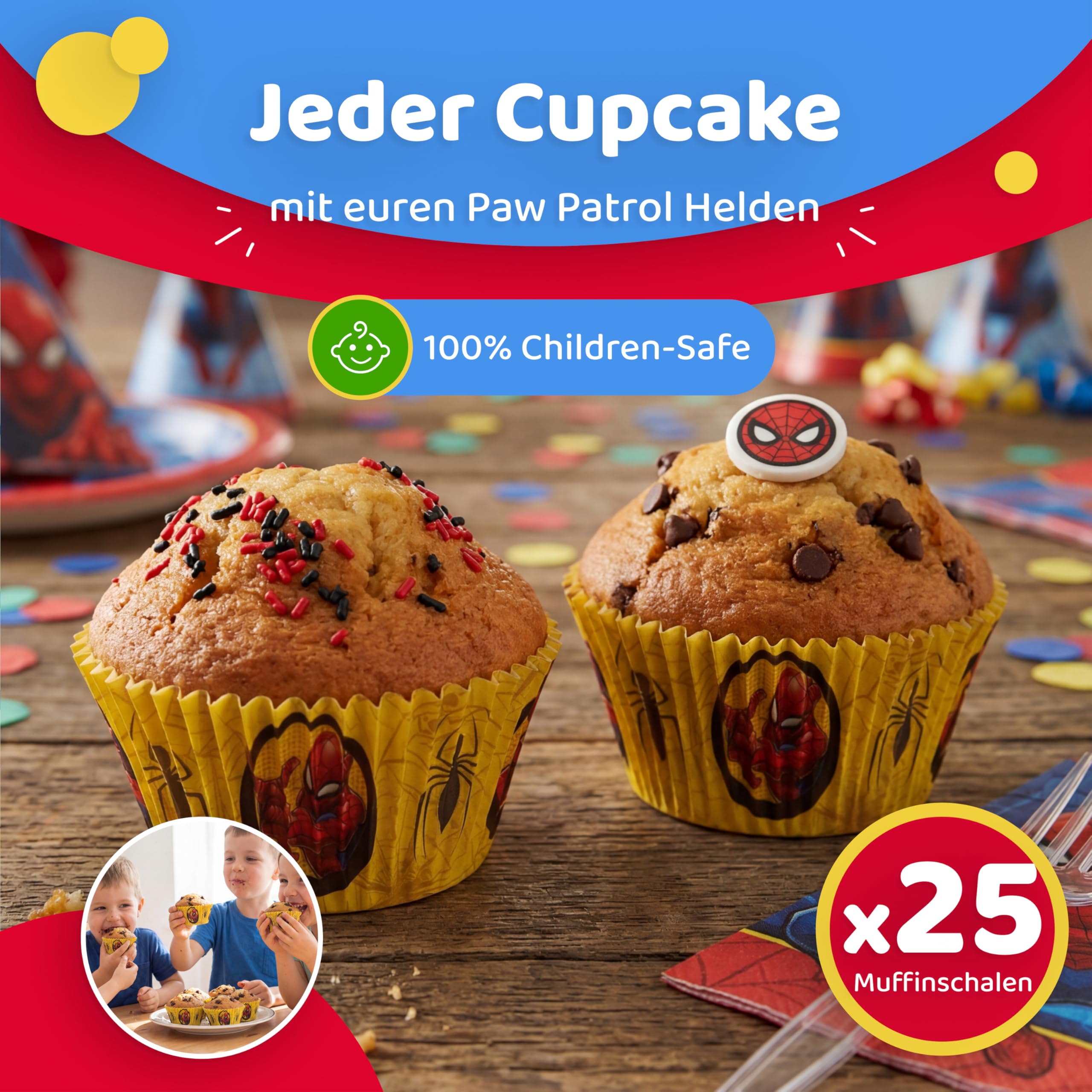Spiderman zestaw 20 sztuk jadalnych wtyków + 25 x miseczek do muffinek, dekoracja tortów, urodziny dziecka, dekoracja muffinek, foremki do babeczek