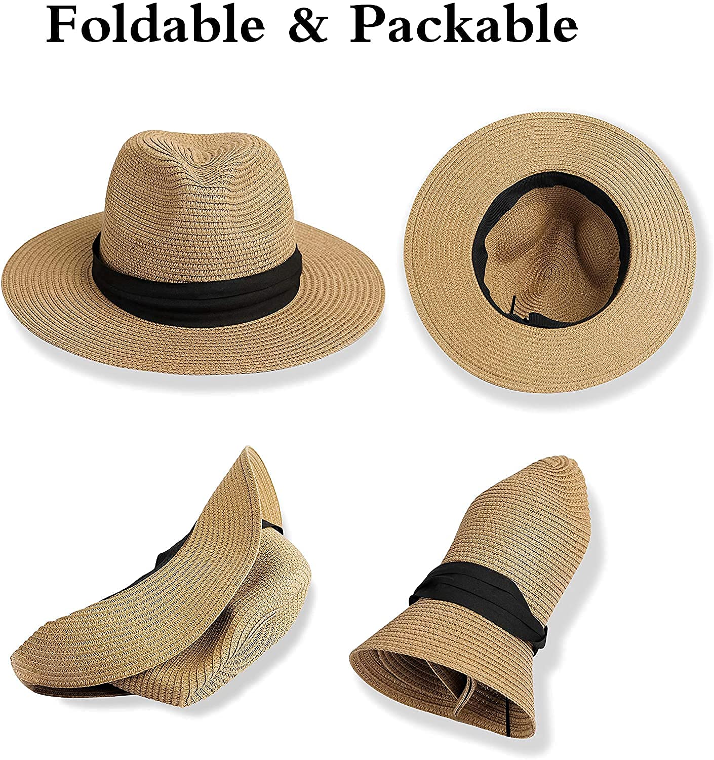 Chapeau de paille pour filles et garçons - Chapeau de soleil - Chapeau de soleil d'été à large bord - Fedora Panama pour enfants (5-9 ans)