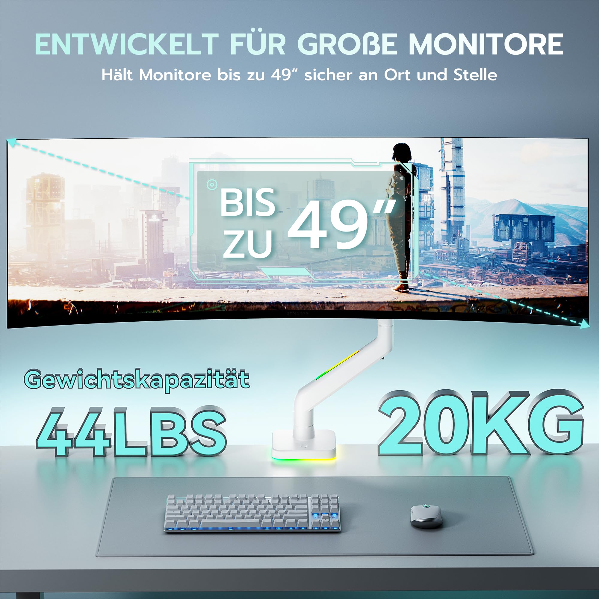 ARES WING RGB Gaming Monitor Halterung für 17-49" Monitore,Weiß | Monitor Arm für schwere 20 kg Flach & Curved Monitore, höhenverstellbarer Monitorarm, für Gamer Designed