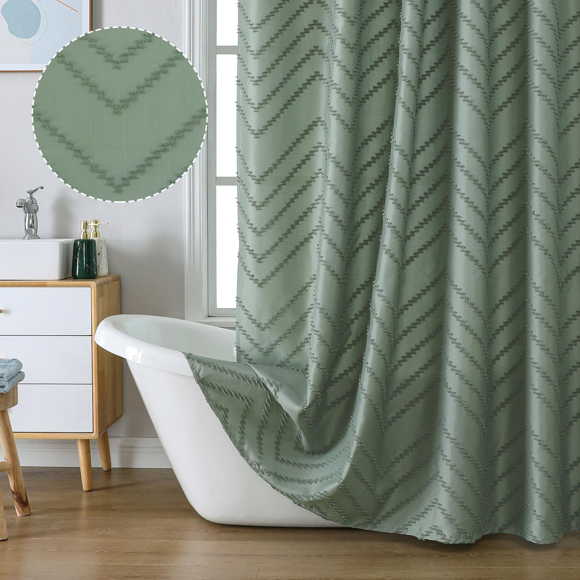 Chyhomenyc Chevron Extra Long Sage Green Boho Shower Curtain 72x84 inches, Fabric Shower Curtain Modern Farmhouse Chic Textured Tufted Chevron Striped Minimalist Cloth Shower Curtain for Bathroom