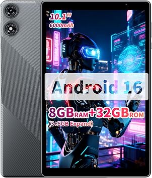 Tablet 10 inch Android 16, 32GB+1TB Expand, 1280x800 IPS HD Display | 6000mAh Battery, Type-C, WiFi Tablet PC, Grey