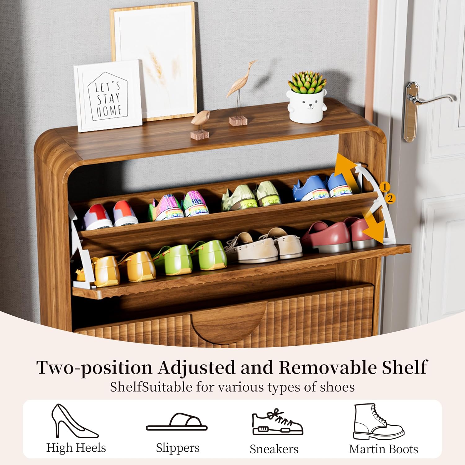 Slim Shoe Storage Cabinet for Entryway, Narrow Shoe Cabinet with 2 Tier Flip Drawers Doors, Fluted Hidden Shoe Rack Organizer for Entrance, Entry Way, Foyer, Hallway, Walnut, Wooden