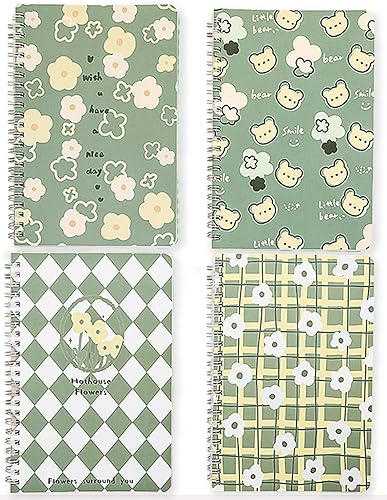 Paquete de 4 cuadernos en espiral tamaño A5 kawaii con diseño de flores y osos, 8.3 x 5.9 pulgadas de grosor, tapa dura, de plástico, con forro de
