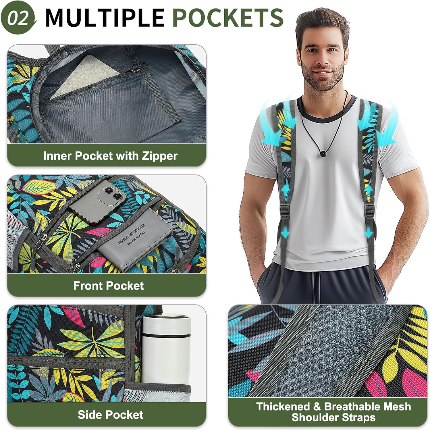 20L Foldable Backpack for Men Women, Ultra Lightweight Water-Resistant Small Packable Hiking Daypack for Travel Camping Outdoor (Leaf Print) - Image 4