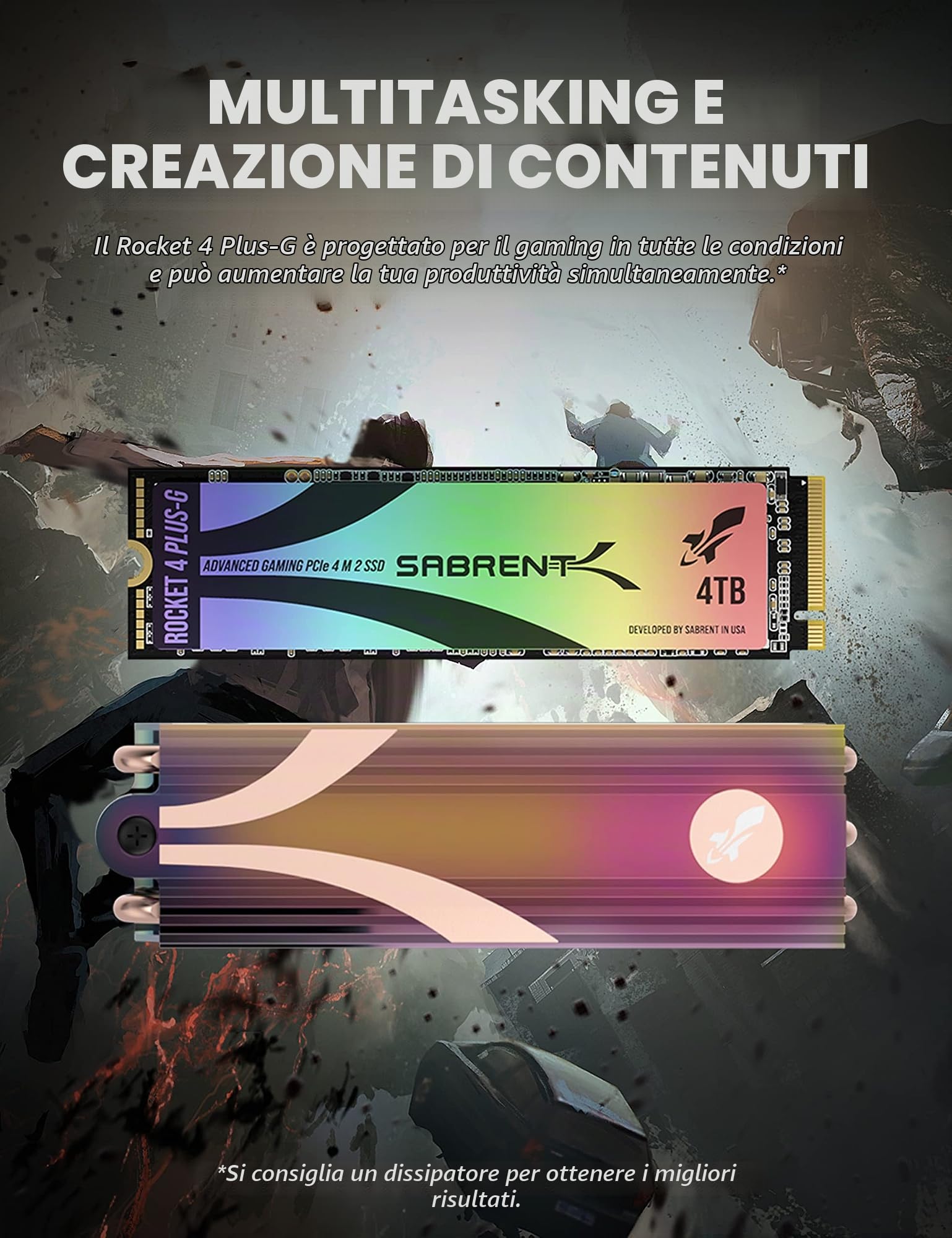 SABRENT SSD 4TB, SSD interno, SSD NVMe PCIe M.2 2280, Disco a stato solido ad alte prestazioni, Gen 4, fino a 7Gbps, Rocket 4 Plus-G con dissipatore di calore (SB-RKTG-GHSK-4TB)