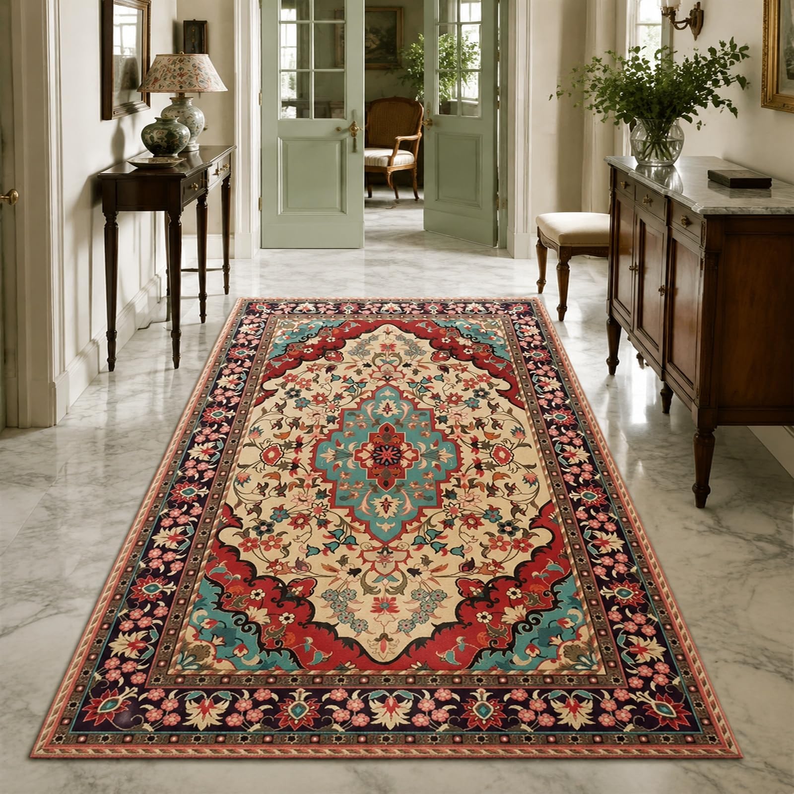 Tapis d'entrée oriental beige et rouge 180x200 cm pour grand couloir et salon
