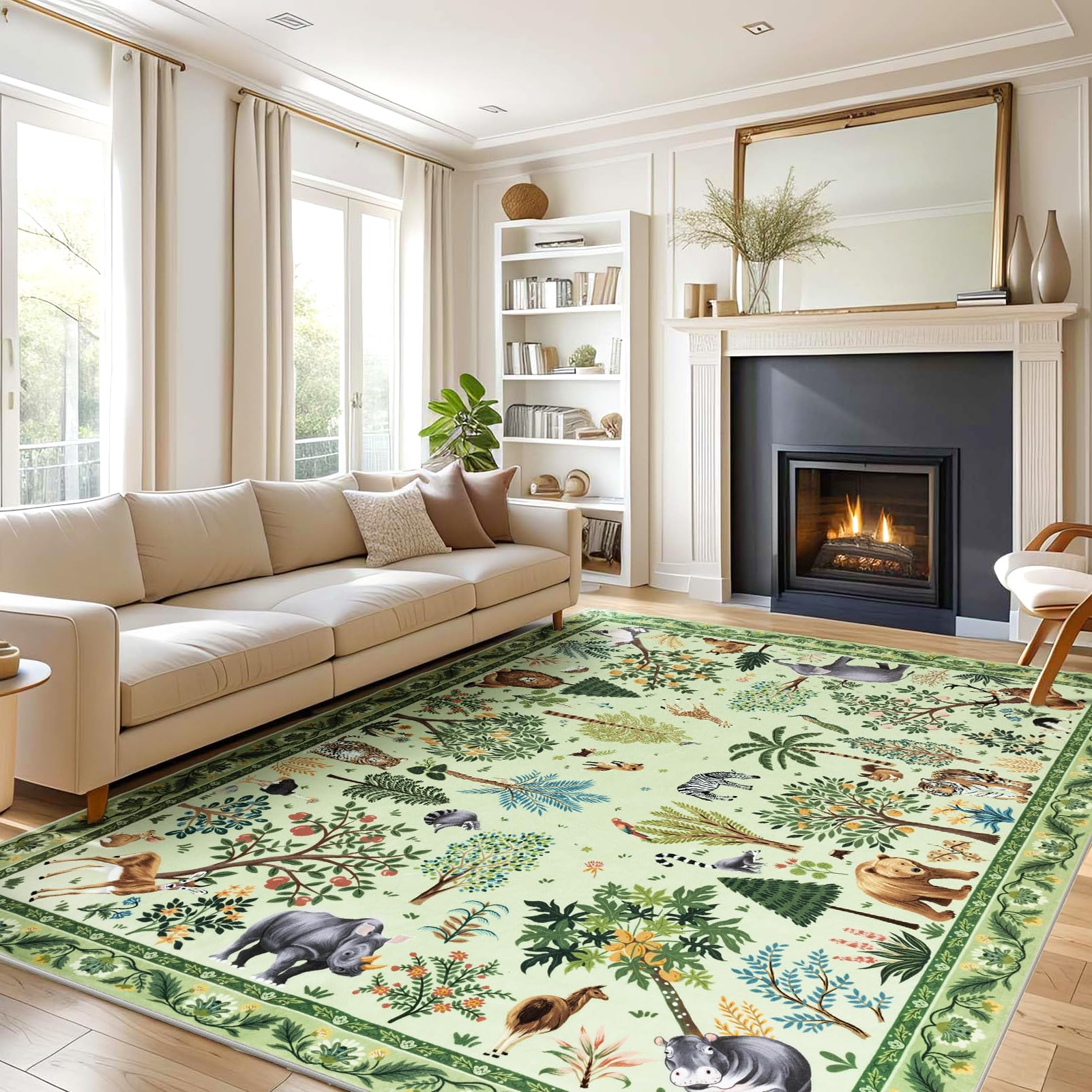 Truqual 3x5 Rug for Bedroom Nursery Jungle Animal Print Rug for Kid Boy Playroom Washable Rug Non Slip, Low Pile Area Rug Carpet for Living Room,