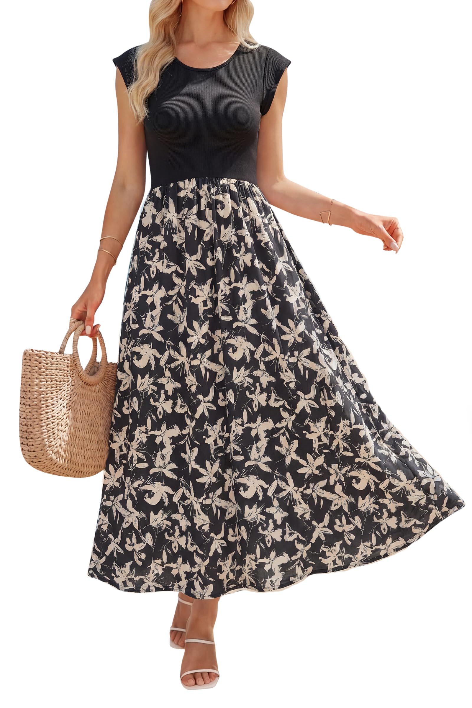 OUGES Women's Ruffle Sleeve Patchwork Maternity Maxi Dress with Pockets