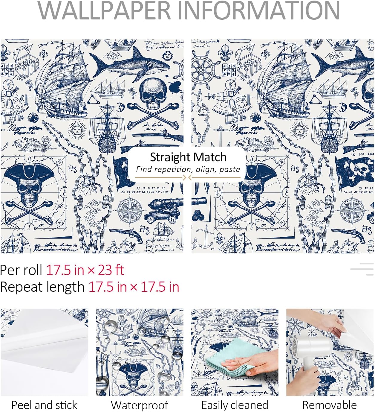 ReWallpaper Nautical Wallpaper Peel and Stick Blue and White Coastal Wallpaper for Bathroom Waterproof Pirate Map Wall Mural Self Adhesive Wall Paper for Furniture Kids Room Boys Bedroom 17.5inX10ft