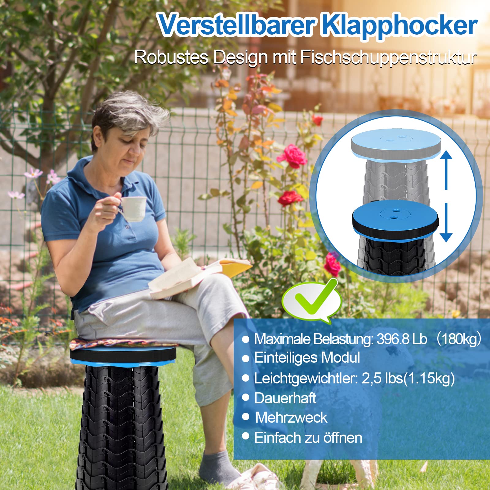 Sonnewelt 2 sgabelli pieghevoli portatili, leggeri e telescopici, regolabili in altezza, capacità di carico 180 kg, 6-44 cm, sgabello telescopico leggero, sgabello da campeggio