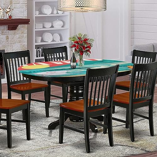 Miniatura 2 de Mantel ovalado ajustable de poliéster elástico hawaiano, diseño hawaiano de costa arenosa, día soleado, tabla de surf, tropicales, se adapta a mesas