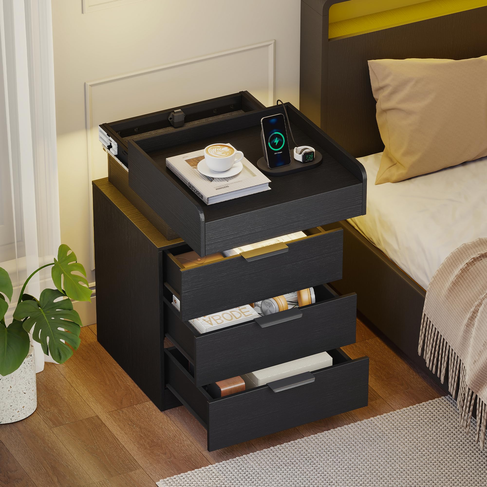 Quikraen Black Bedside Table with LED, Charging Station and Hidden Drawer