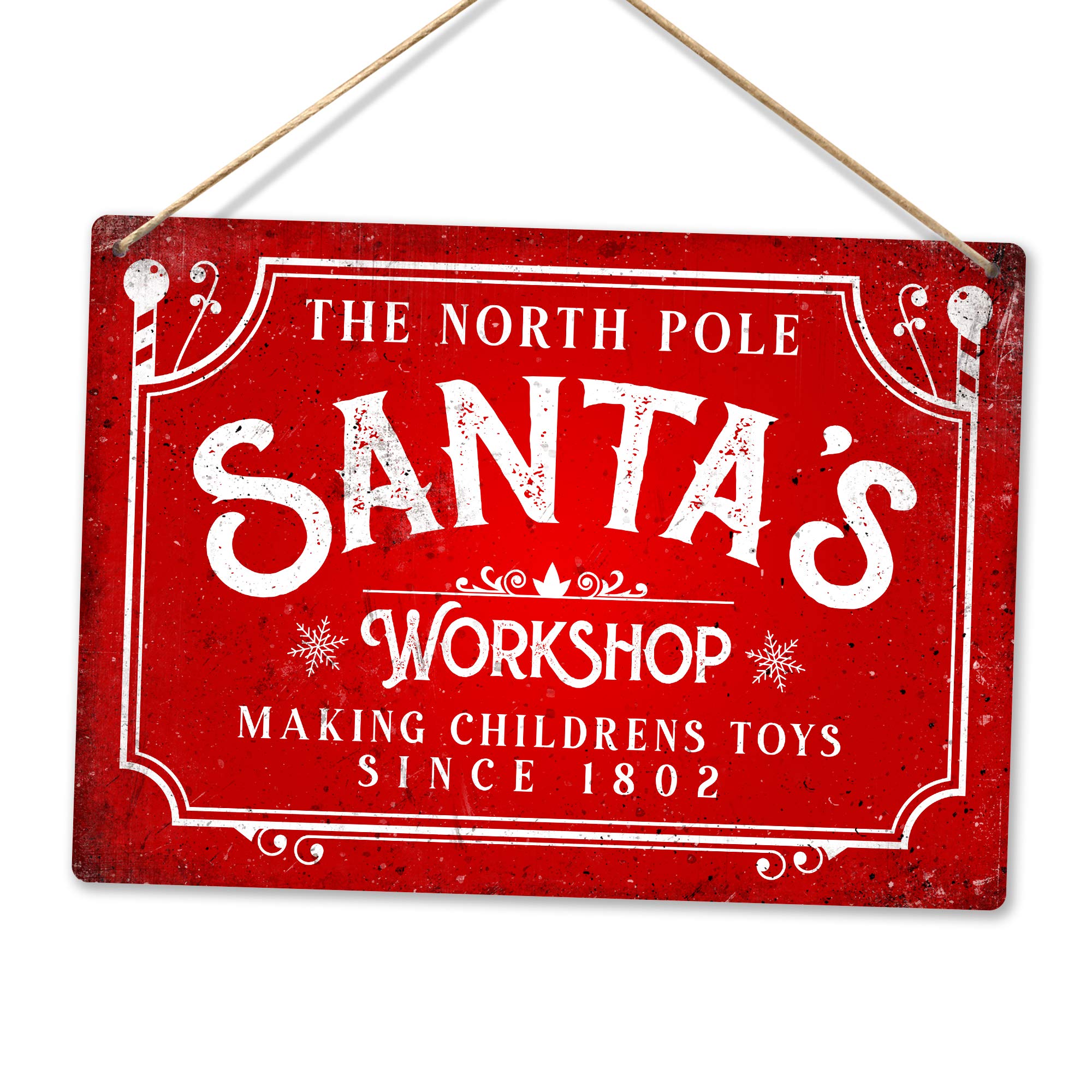 Toasted Merch Santa's Workshop North Pole – Red – Medium Twine | Printed Metal Wall Sign Plaque