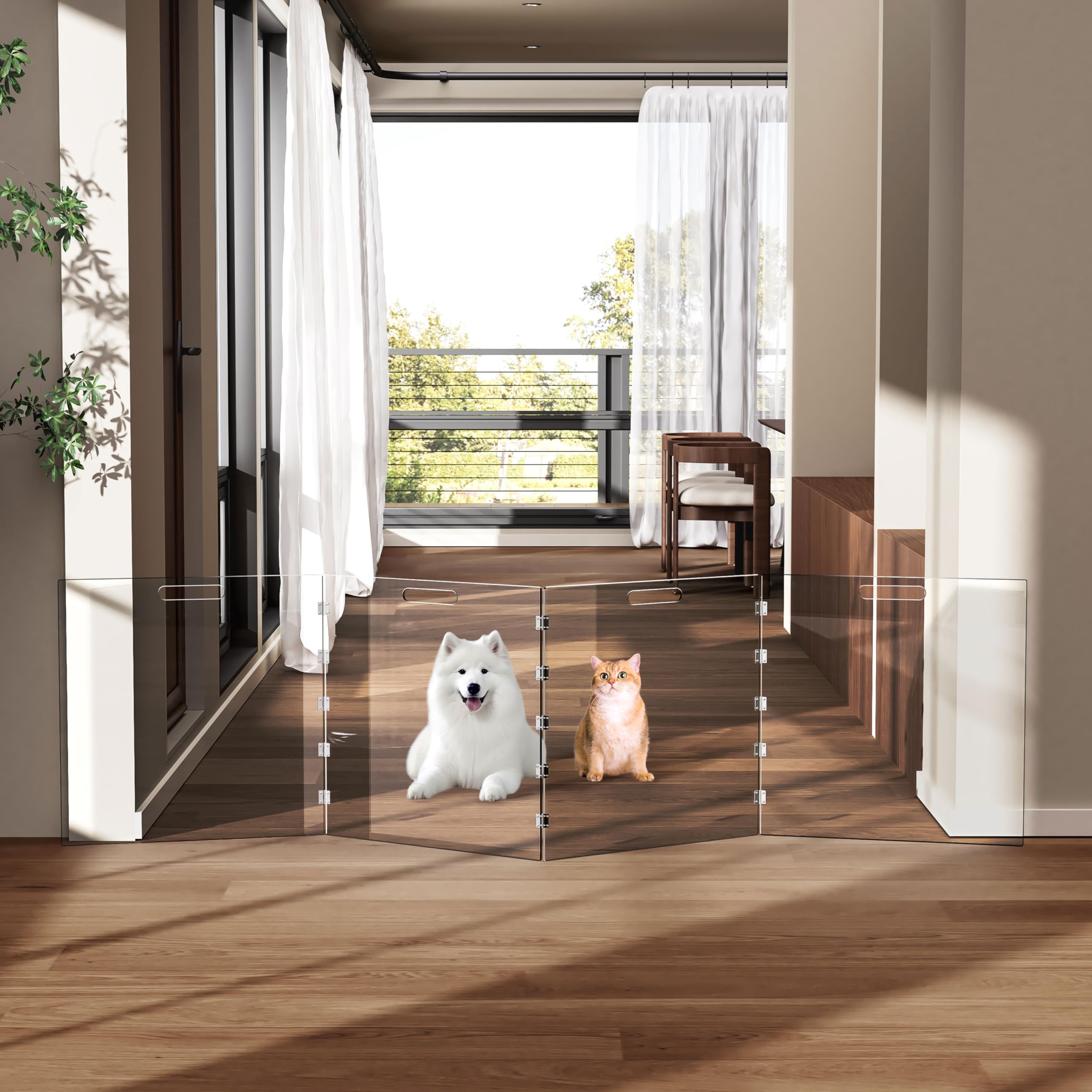Barrière pour chien en acrylique transparent, barrière autoportante pour portes intérieures, parc de jeu pliable en acrylique sans perçage (transparent, 4 panneaux)