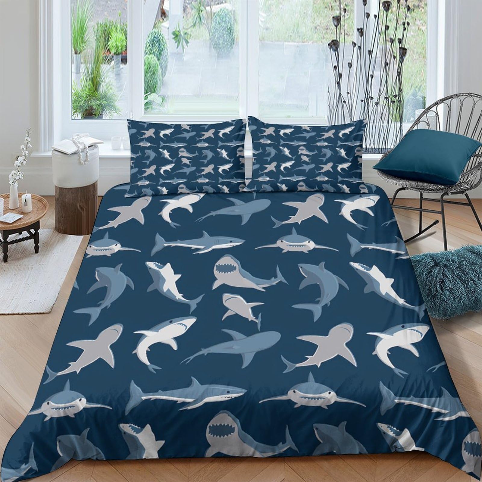 Ctjqhvkz Style-1 3D Printed Shark Pattern Fitted Sheet Microfiber Soft Blue Ocean Fish Mattress Cover For Bedroom Guest Room Dorm Decor Single（135X200cm）
