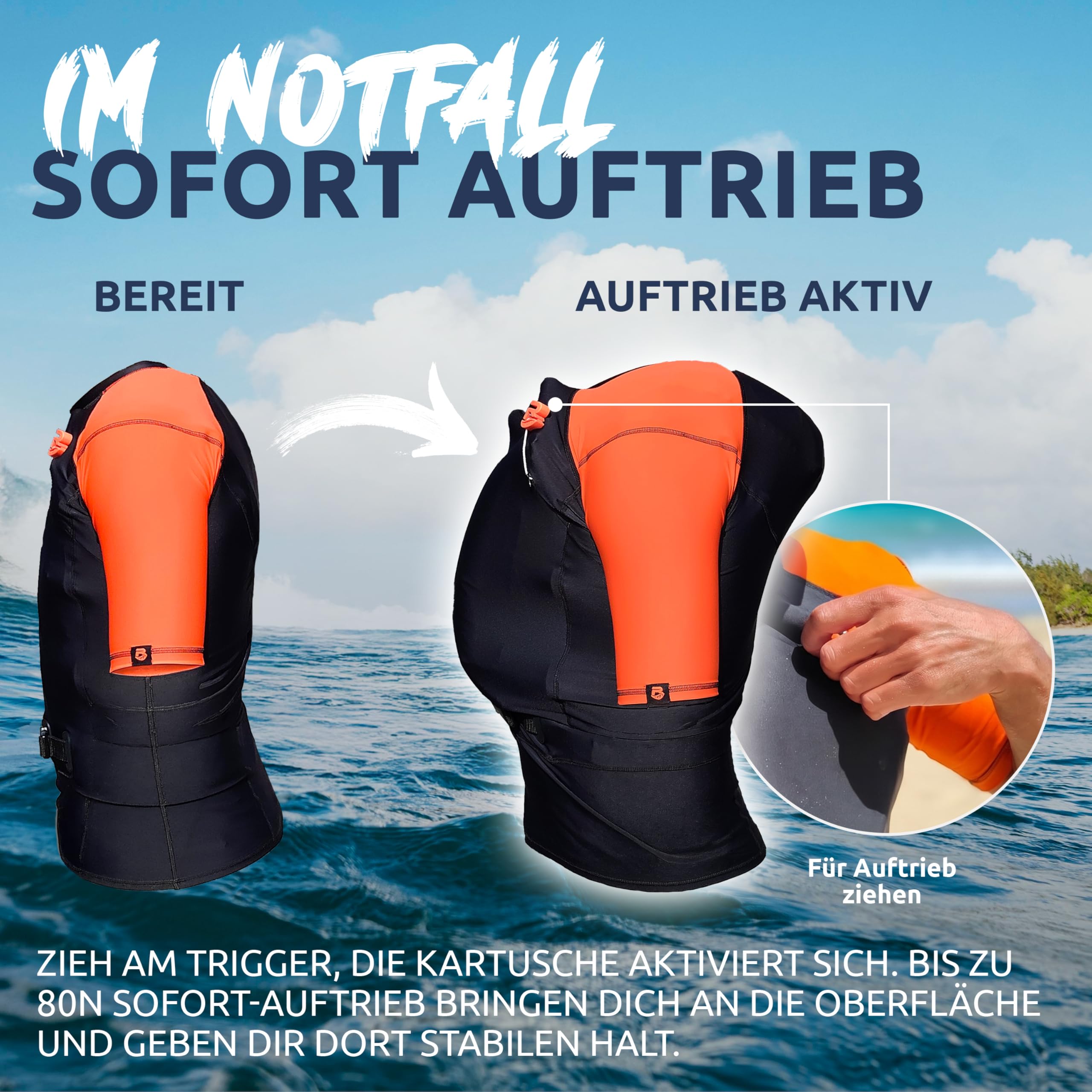 Res-T Schwimmweste - Manuell aufblasbare Schwimmhilfe mit extra starkem Auftrieb 80N - für maximale Bewegungsfreiheit auf dem Wasser - Unisex