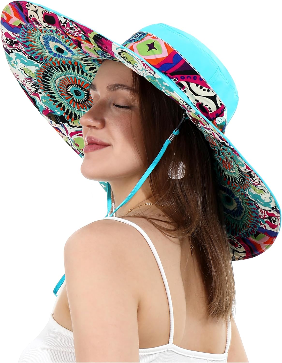 Womens Wide Brim Sun Hat Reversible Print UV Protection Oversized Beach Cap Travel UPF 50+ Blue Large