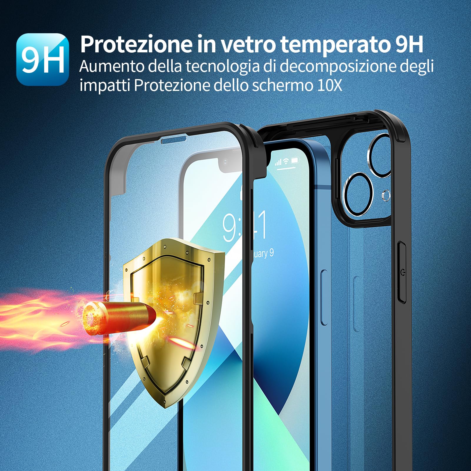 seacosmo Cover per iPhone 13 Mini, [9H HD] con Vetro Temperato Integrato Schermo, Pellicola Fotocamera, 360 Gradi Antiurto Protezione Fronte Retro Rugged Custodia Slim Doppia Faccia Case - Nero