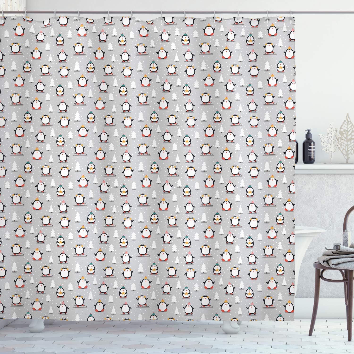 Ambesonne Winter Shower Curtain, Penguin Playing in Snow Snowflakes Trees Cold and Holiday Time Animalistic, Cloth Fabric Bathroom Decor Set with Hooks, 69" W x 70" L, Pale Grey